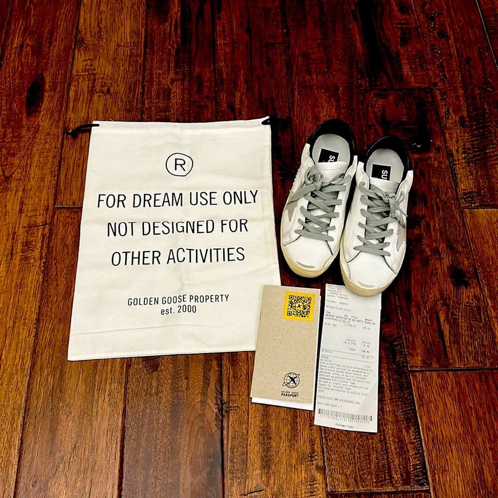 Golden Goose White Sneakers with Gray Laces and Black Heel